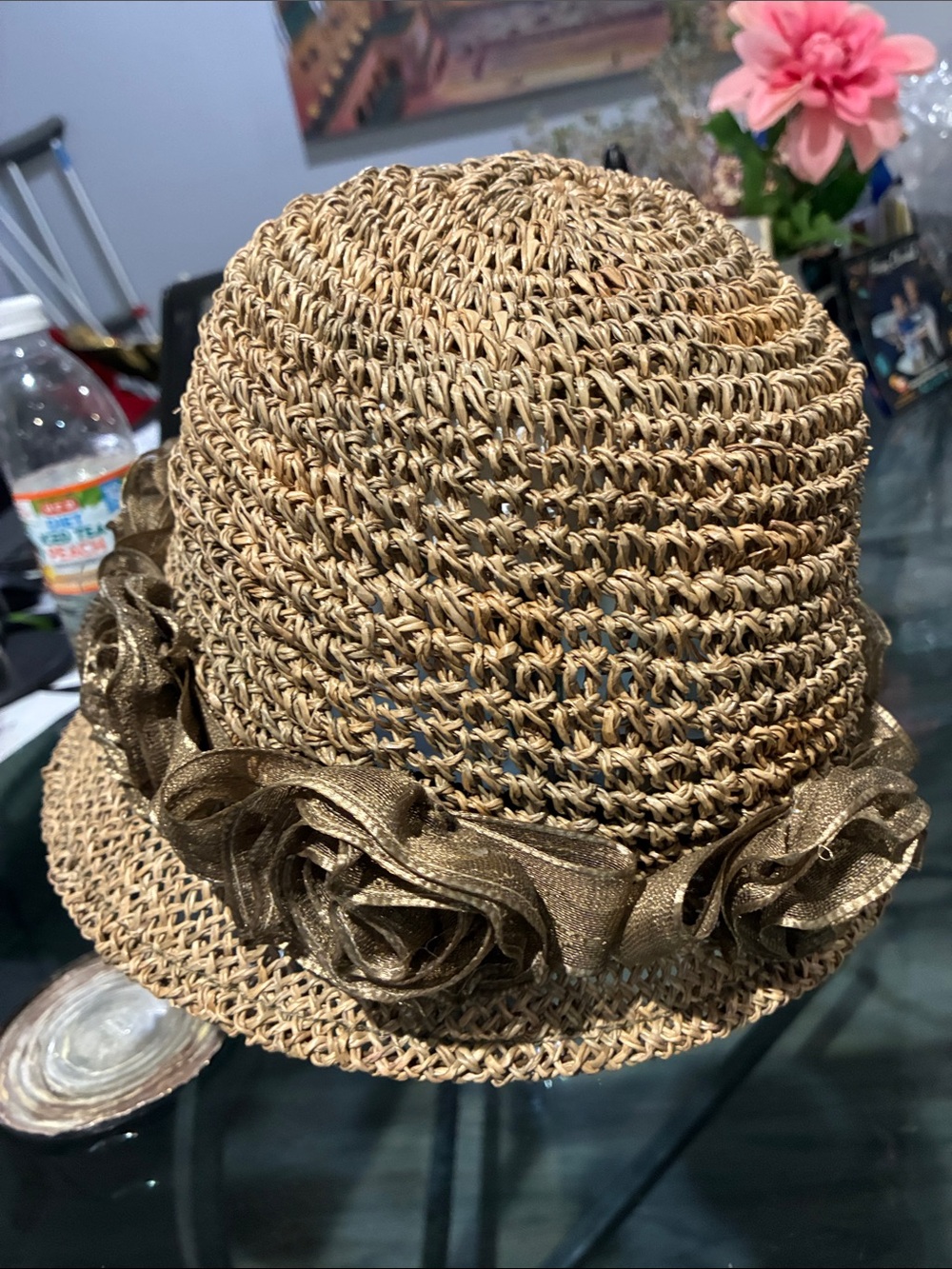 Beige Straw Cloche Hat With Decorative Rosette Trim View 2
